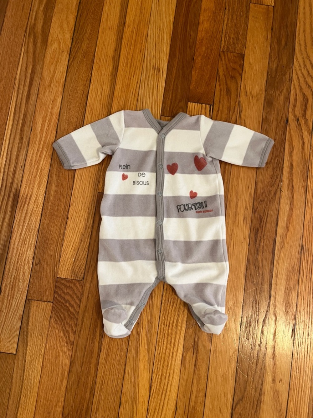 Petit Bateau Gray & White Striped French Baby Footie with Red Heart Details 1 Mo
